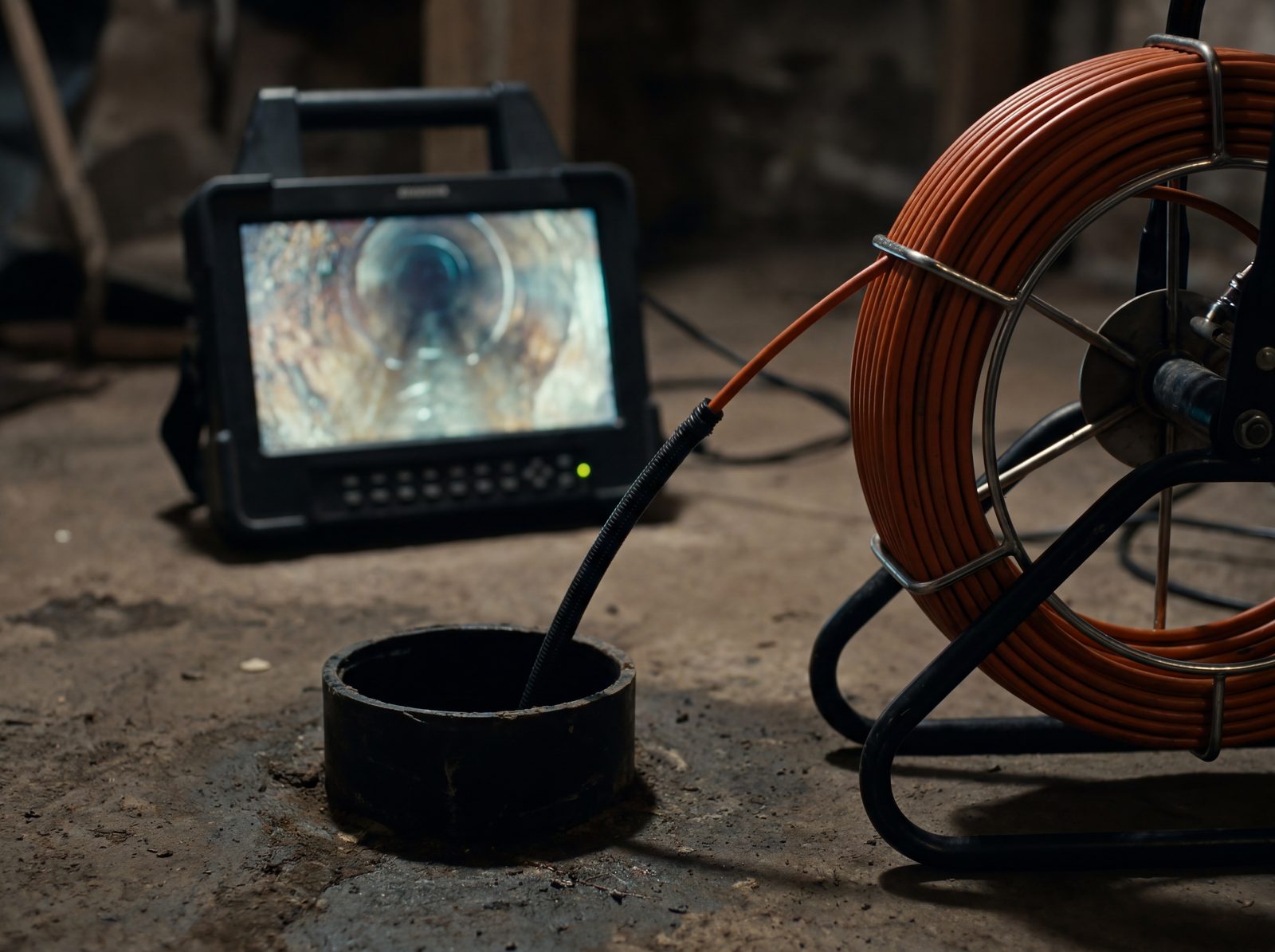 Home inspection combo with sewer scope camera entering the main line